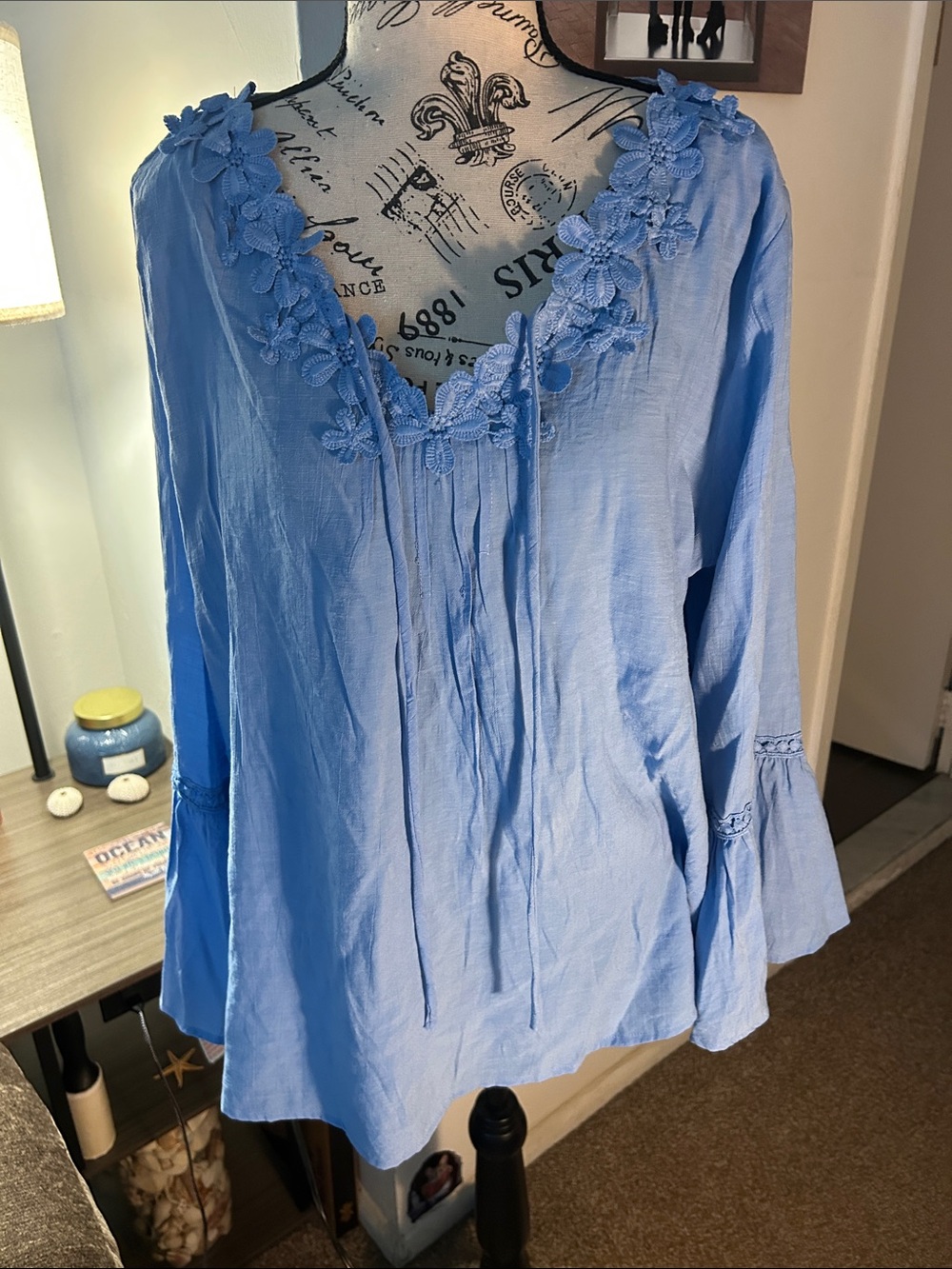 Light Blue Floral-Trim Peasant Top